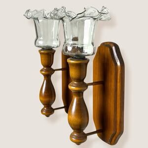 Vintage 70s Wood Wall Candle Sconces Pair Ruffled Glass Colonial
